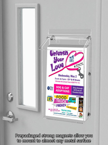 Magnetic Outdoor Brochure Holder with Lid installed on a smooth metal surface