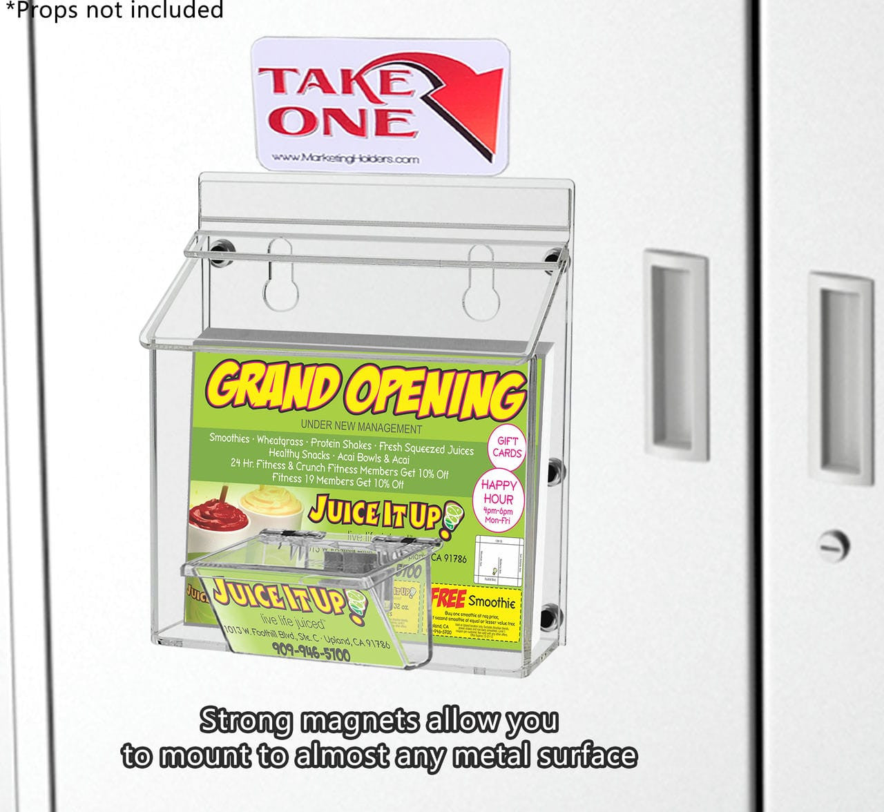 Magnetic Brochure Holder Outdoor Vehicle With Card Box Each item comes with a take one sticker to apply on above or beside the product on a smooth  metal surface