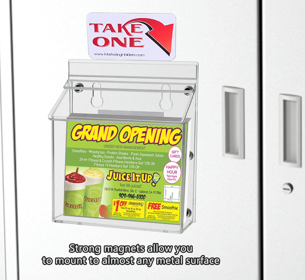 Magnetic Brochure Holder with Lid Outdoor Vehicle installed on a metal smooth surface with verbiage and text