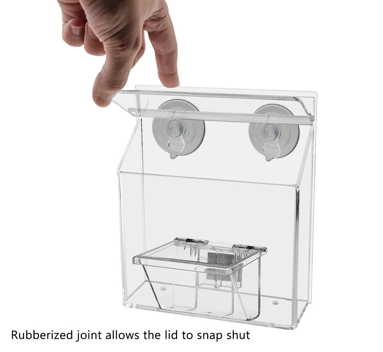 outdoor brochure holder with suction cups and box for a set of business cards with open lid