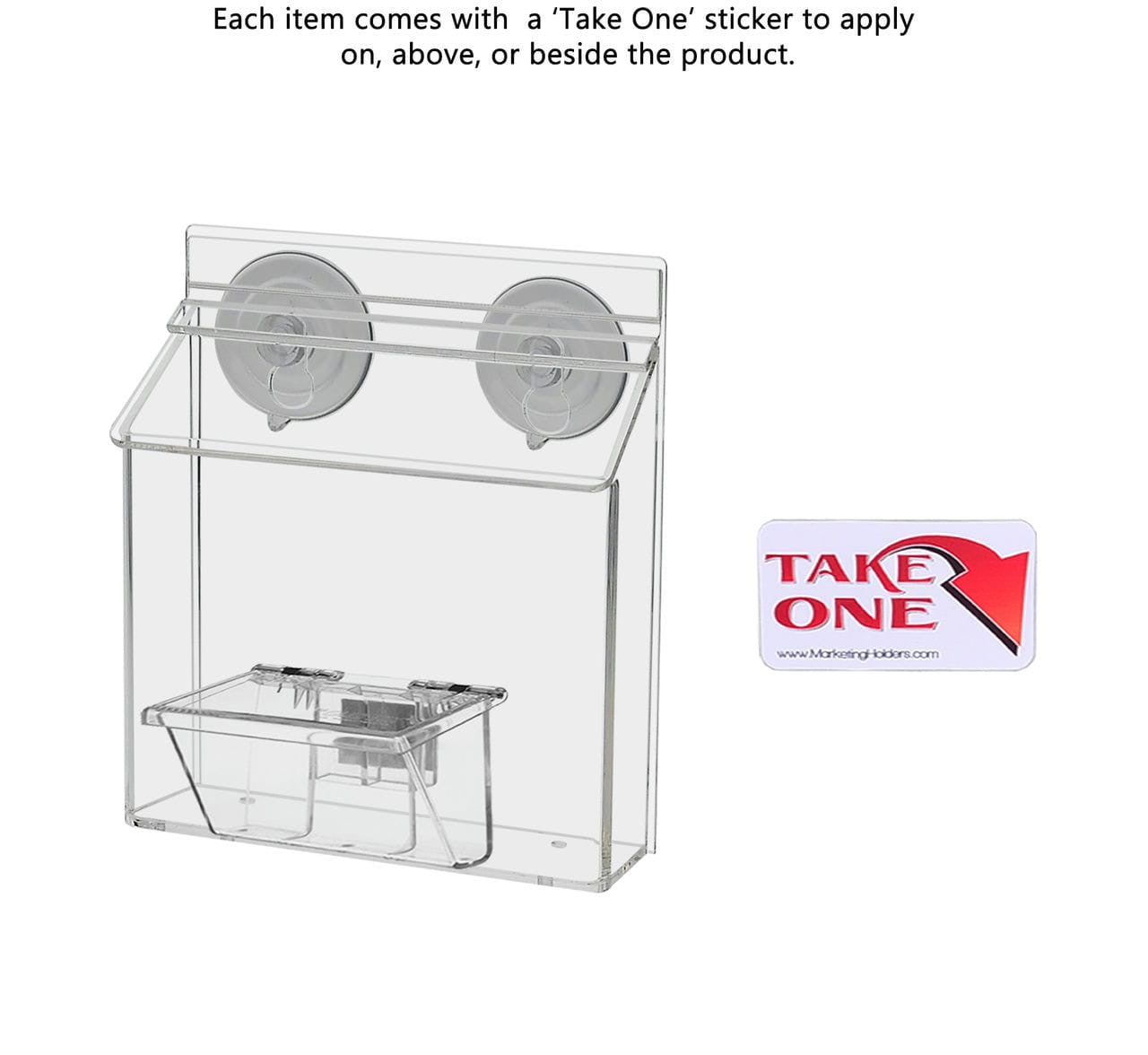 outdoor brochure holder with suction cups and box for a set of business cards with a take a card sticker