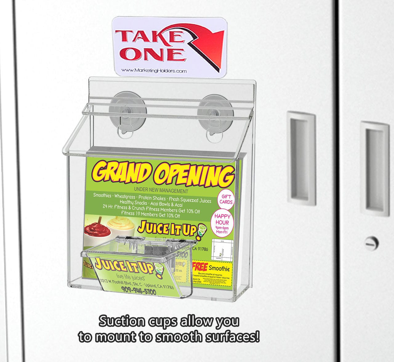 outdoor brochure holder with suction cups and box for a set of business cards with literature and a set of business cards installed on a metal surface