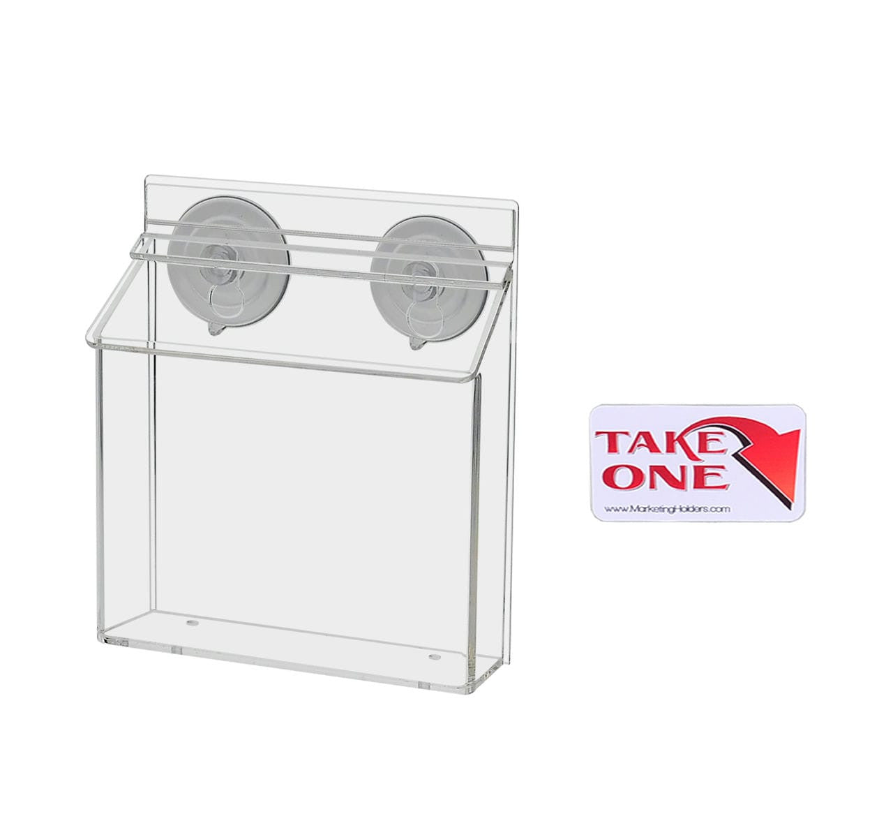 outdoor brochure holder with suction cups and a take one sticker