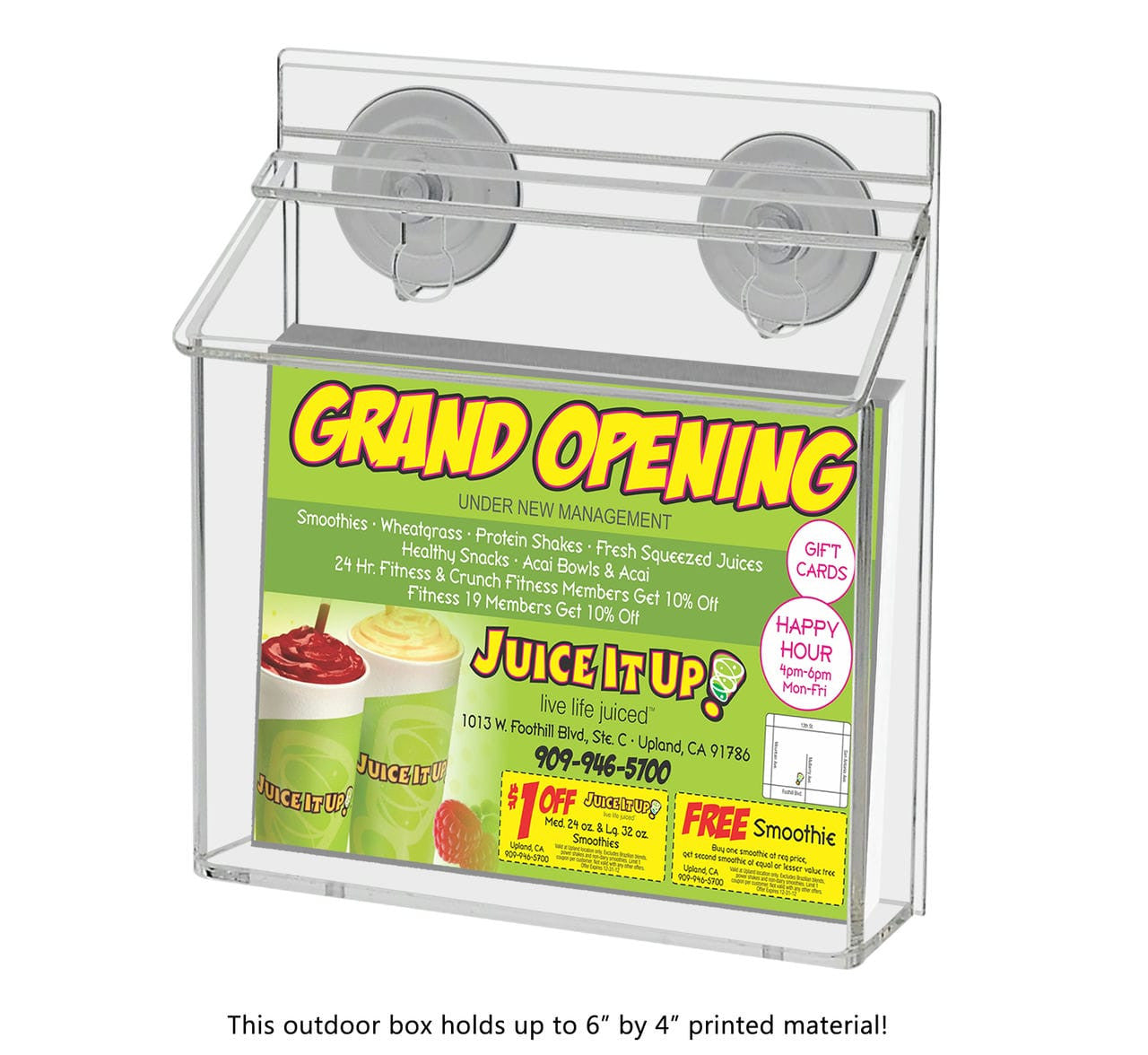 outdoor brochure holder with suction cups and a take one sticker with literature and text