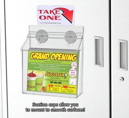 outdoor brochure holder with suction cups and a take one sticker with literature and text installed on a metal smooth surface
