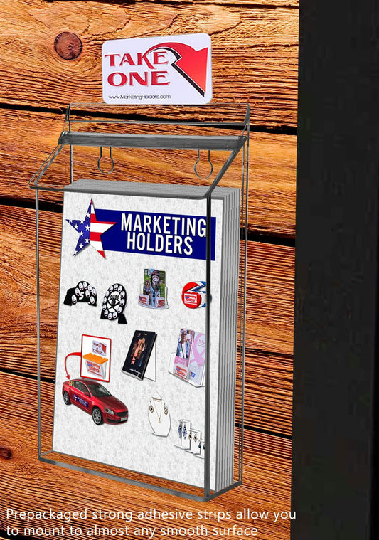 Six Inch Wide Brochure Display Postcard Box Literature Holder Outdoor on wall with documents