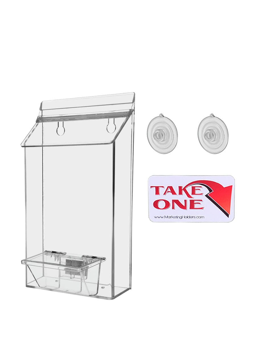 outdoor brochure holder with suction cups and box for business cards with a take one sticker