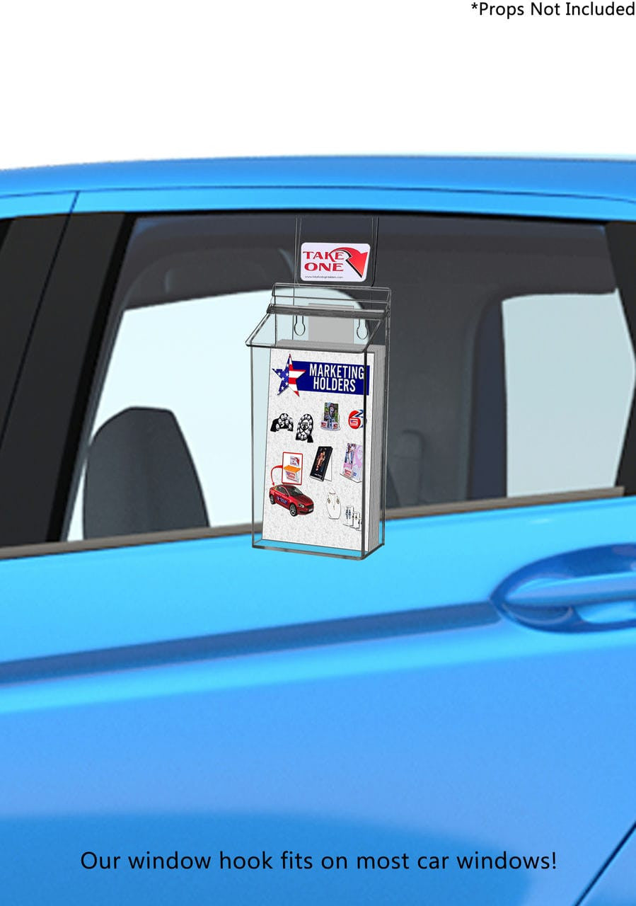 Six Inch Wide by Nine Inches High Post Card Box Vehicle Holder installed on a window with literature and take one sticker