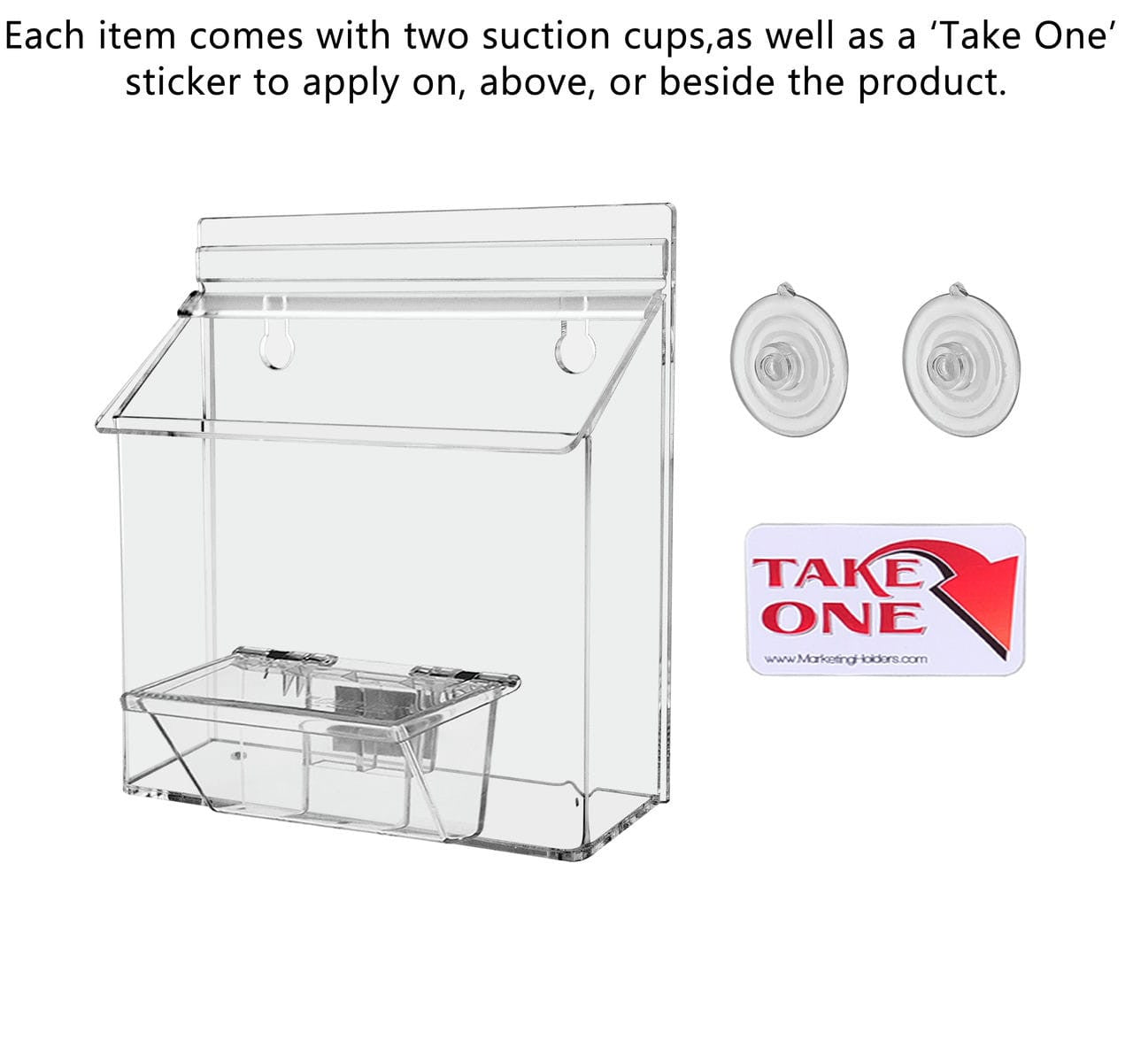 outdoor brochure holder with suction cups and box for a set of business cards with take a card sticker