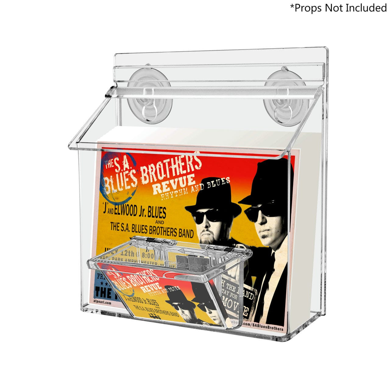 outdoor brochure holder with suction cups and box for a set of business cards with literature and a set of business cards