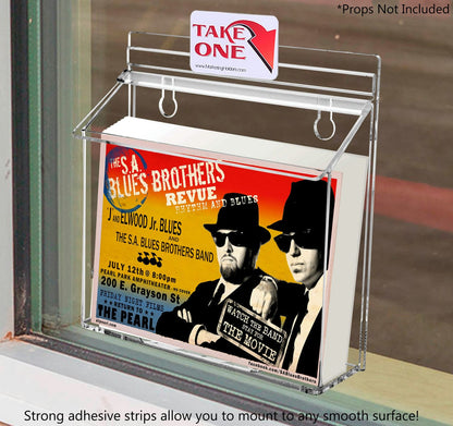 outdoor brochure holder with suction cups with a take a card sticker with literature installed on a window or glass door