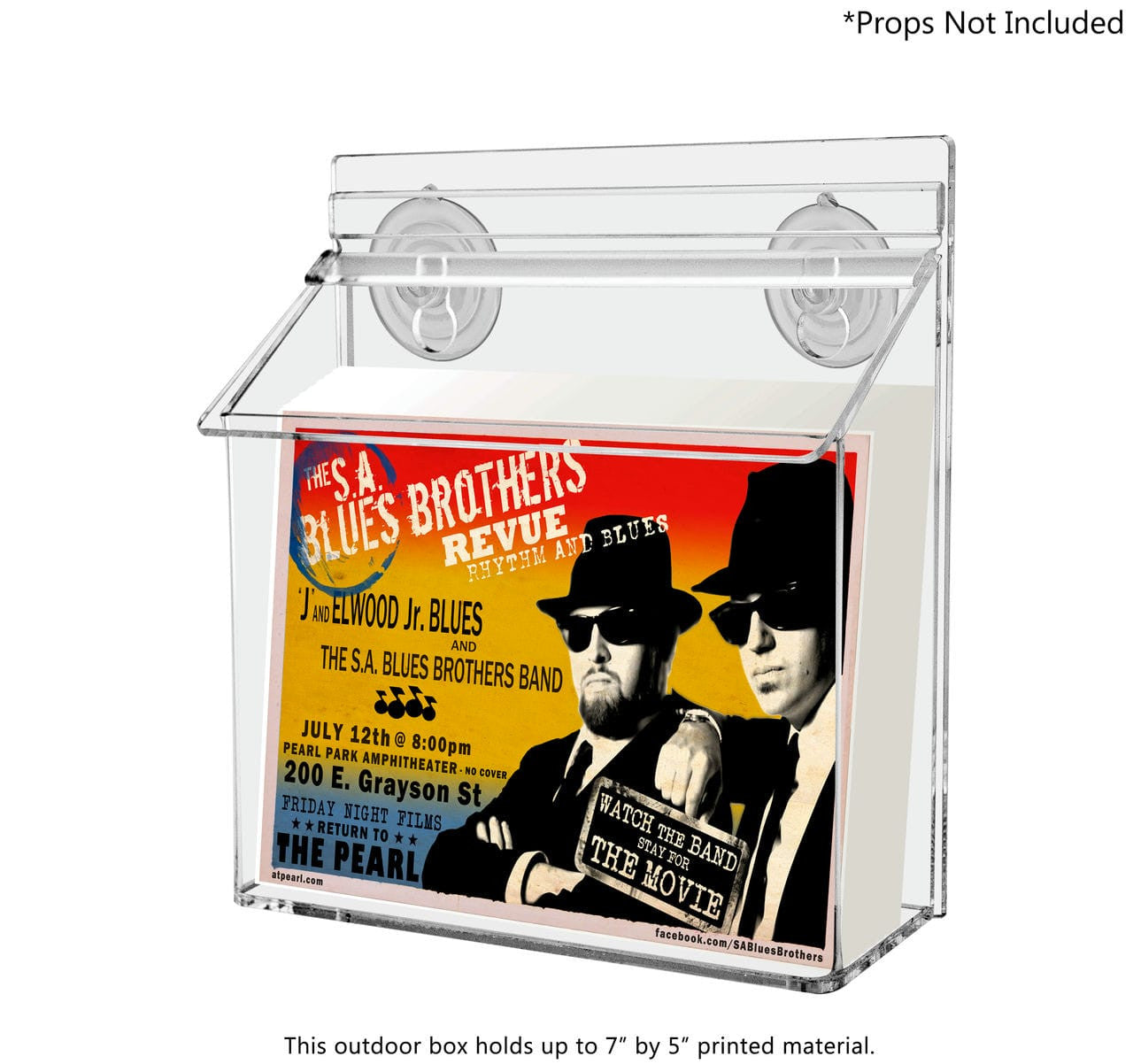 outdoor brochure holder with suction cups with a take a card sticker with literature and verbiage text