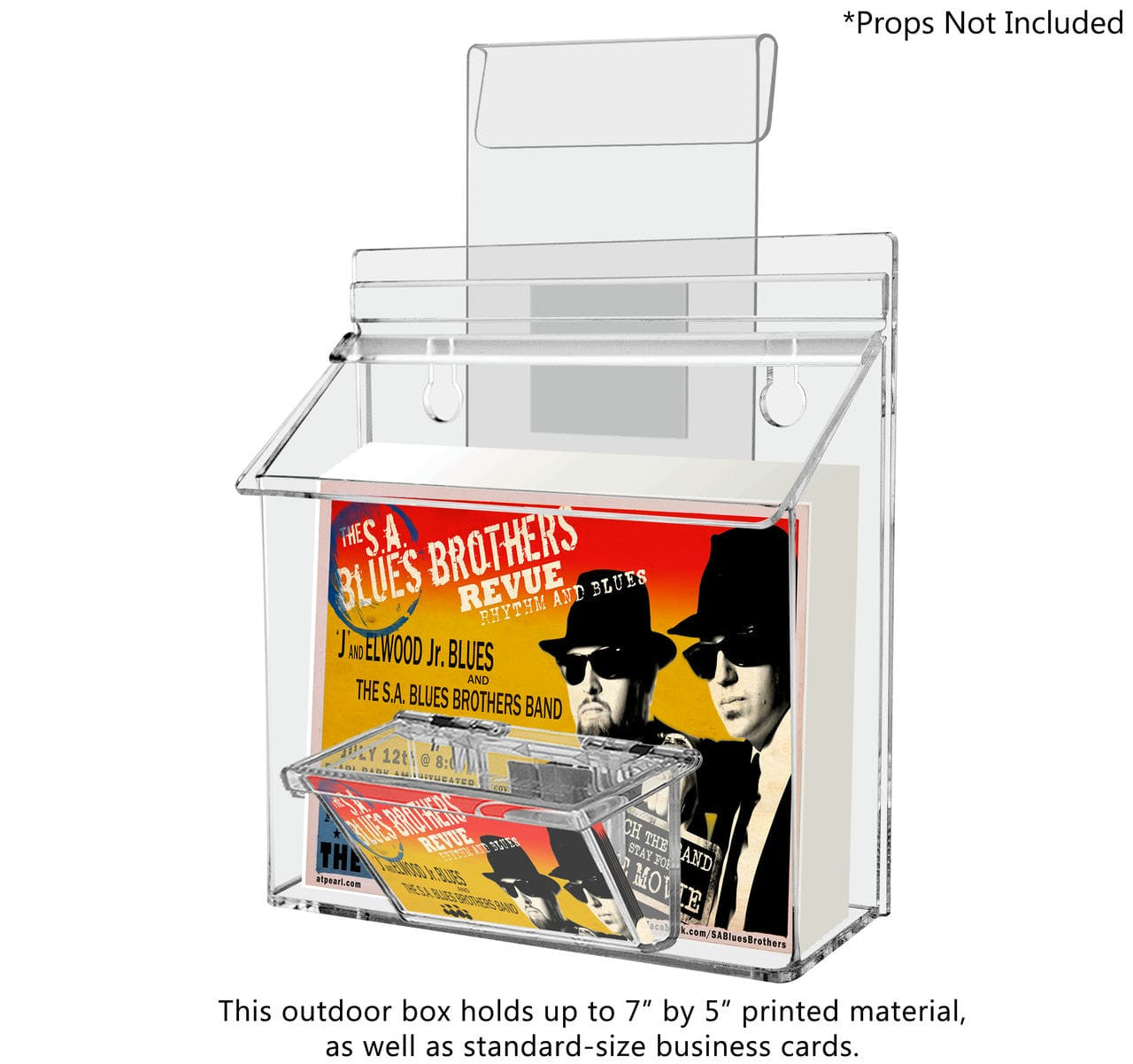 Seven and a half inch wide by five and a half inches high holder with lid and window hook brochure