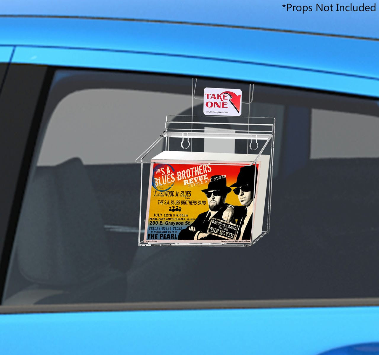 Seven and a half inch wide by five and a half inches high Vehicle Brochure Holder with Lid and Window Hook installed on a car window with literature and take one sticker