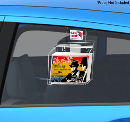 Seven and a half inch wide by five and a half inches high Vehicle Brochure Holder with Lid and Window Hook installed on a car window with literature and take one sticker