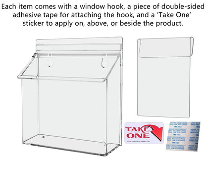 Seven and a half inch wide by five and a half inches high Vehicle Brochure Holder with Lid and Window Hook with text a take one sticker adhesive square and window hook