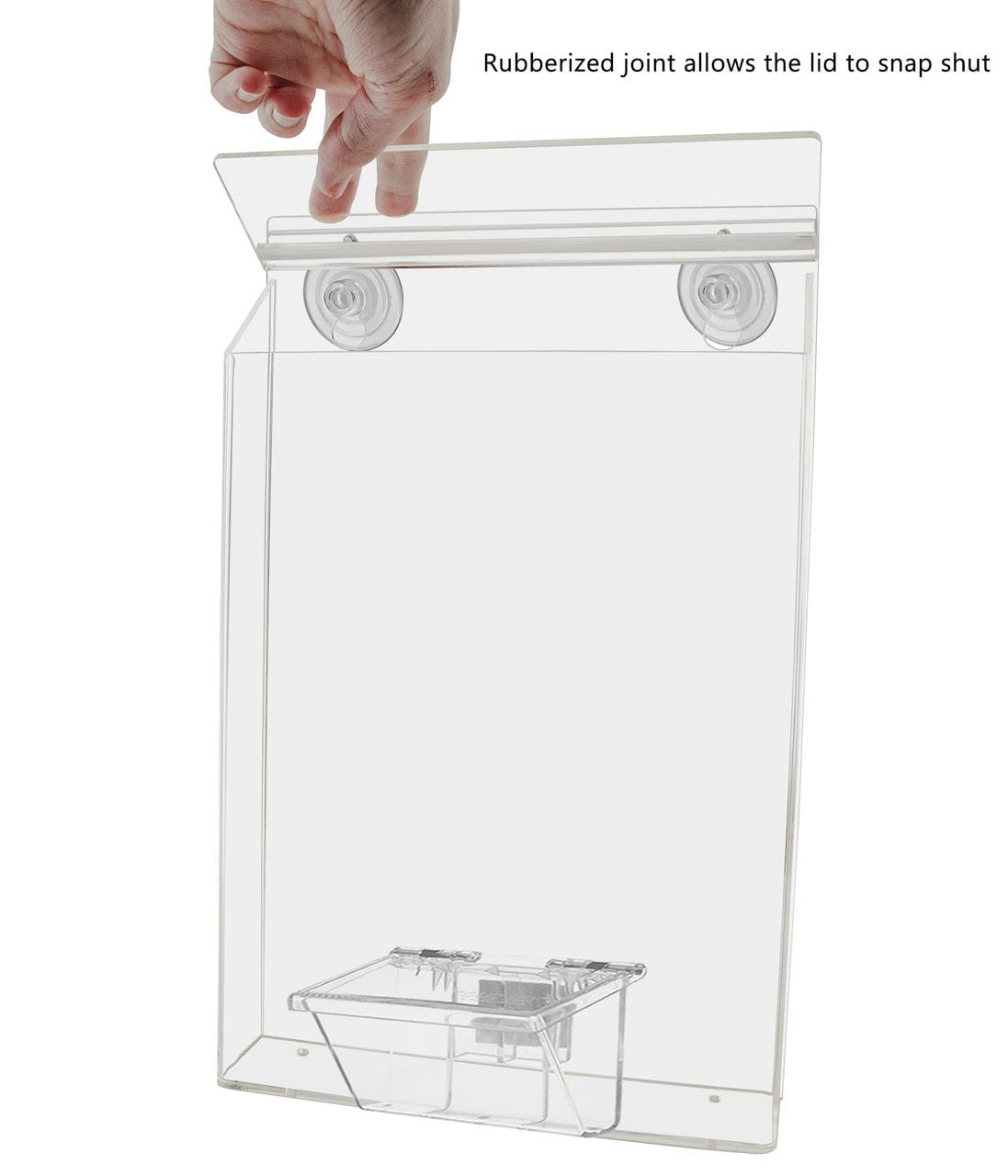 outdoor brochure holder with suction cups and box for a set of business cards with open lid