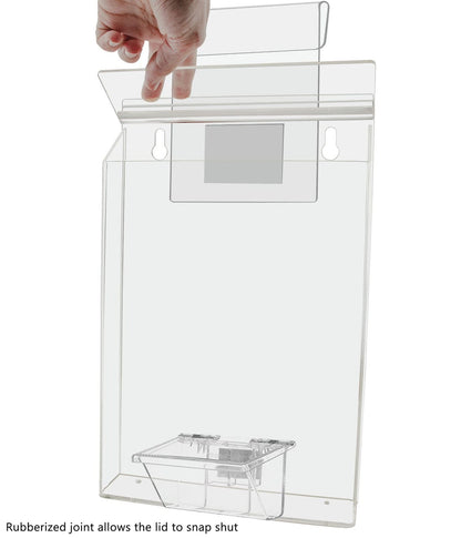 Eight and a half inch wide by eleven and three quarters inches high Vehicle Brochure Holder with hinged lid held open by a hand