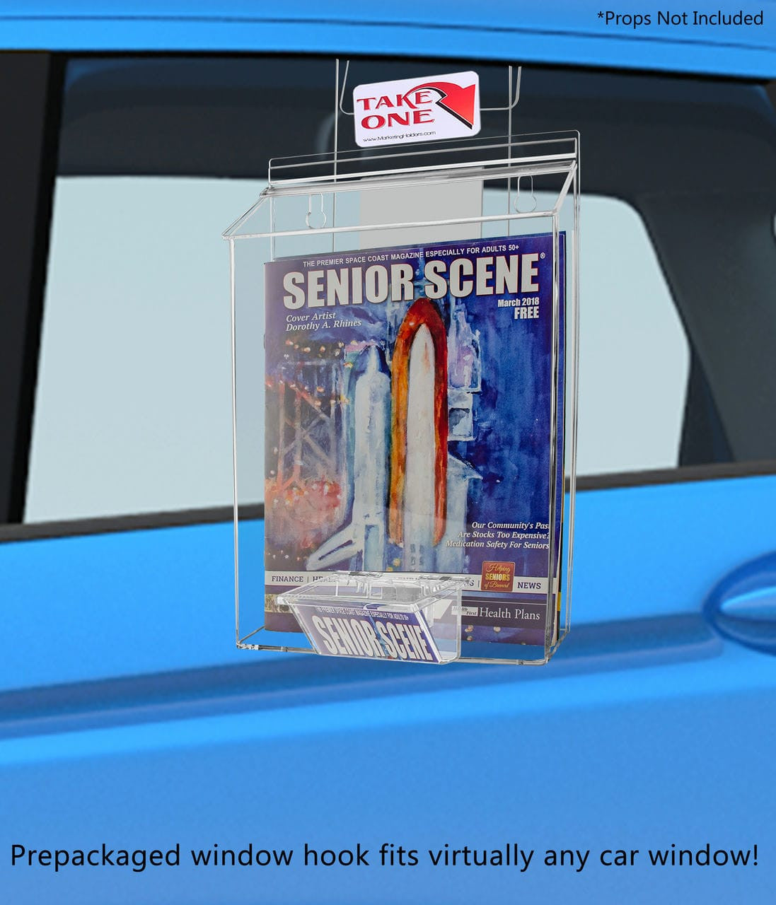 Eight and a half inch wide by eleven and three quarters inches high Vehicle Brochure Holder installed on a window with a take one sticker and filled with literature
