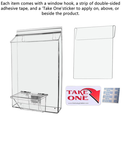 Eight and a half inch wide by eleven and three quarters inches high Vehicle Brochure Holder with take one sticker window hook and adhesive