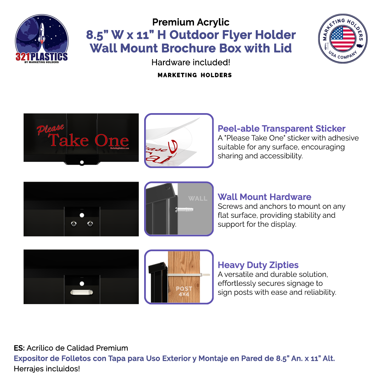 8.5"W x 11"H Outdoor Flyer Holder Wall Mount Brochure Box with Lid