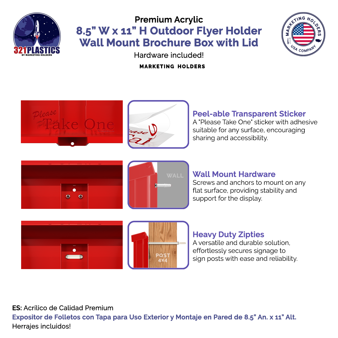 8.5"W x 11"H Outdoor Flyer Holder Wall Mount Brochure Box with Lid