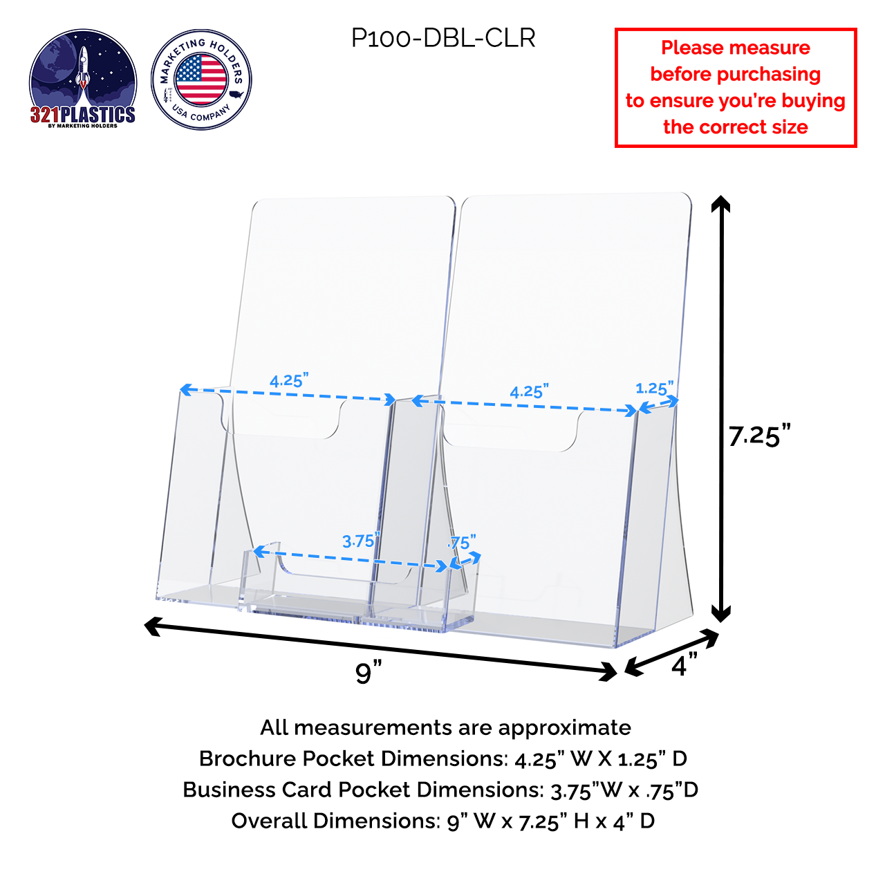 Two Pocket Brochure Stand for 4.25"W Trifolds with Card Pocket