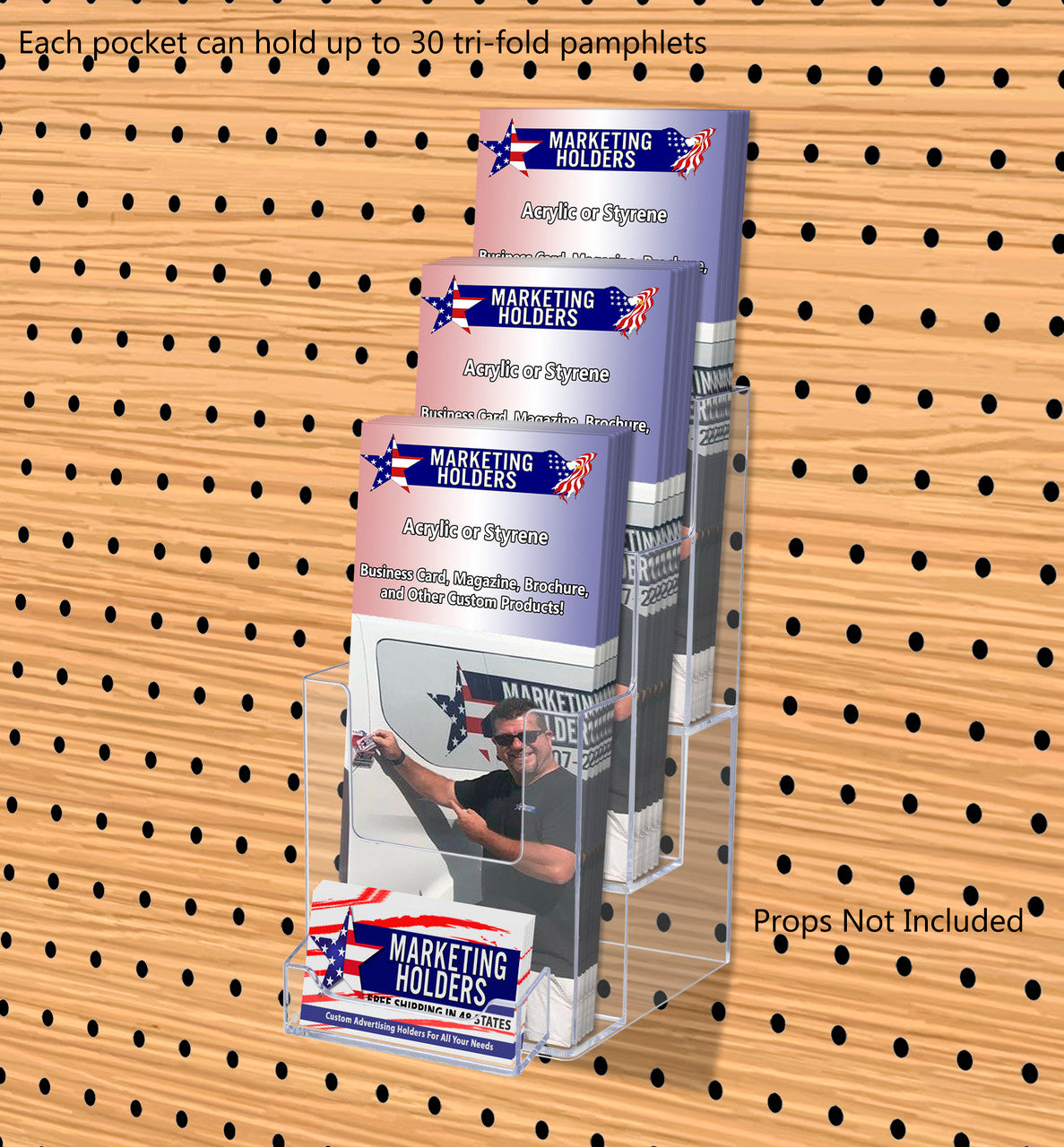 Pegboard 4"W Trifold Brochure Display Rack with Card Pocket