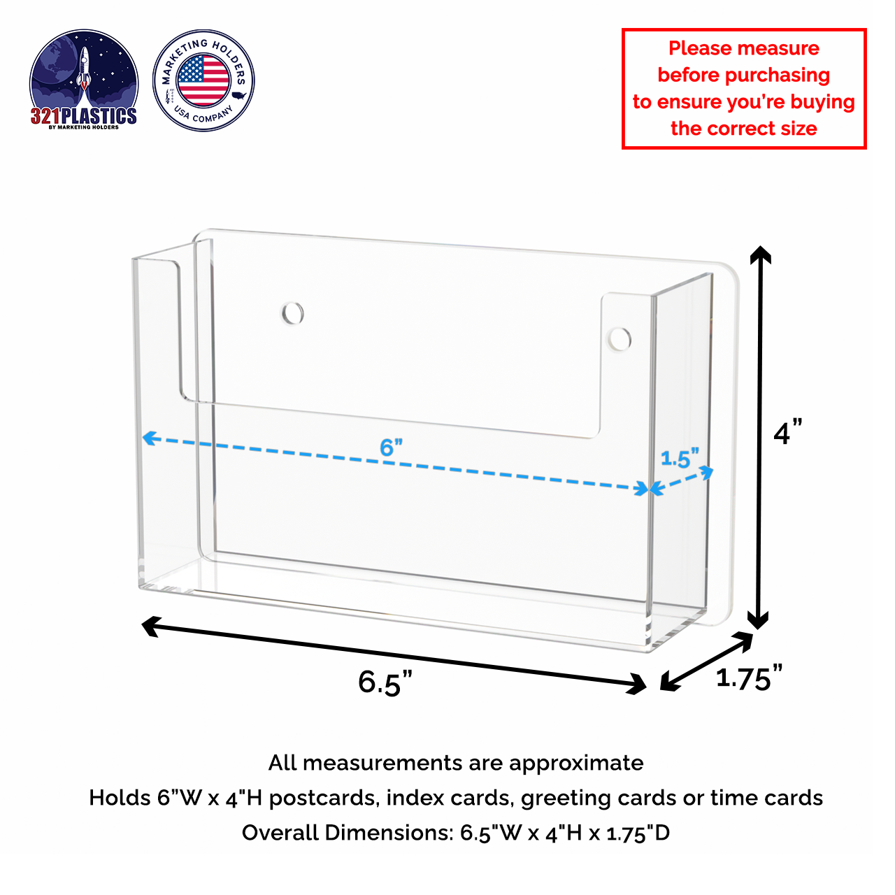 Wall Single Pocket Postcard Holder for 6"W Advertising Literature