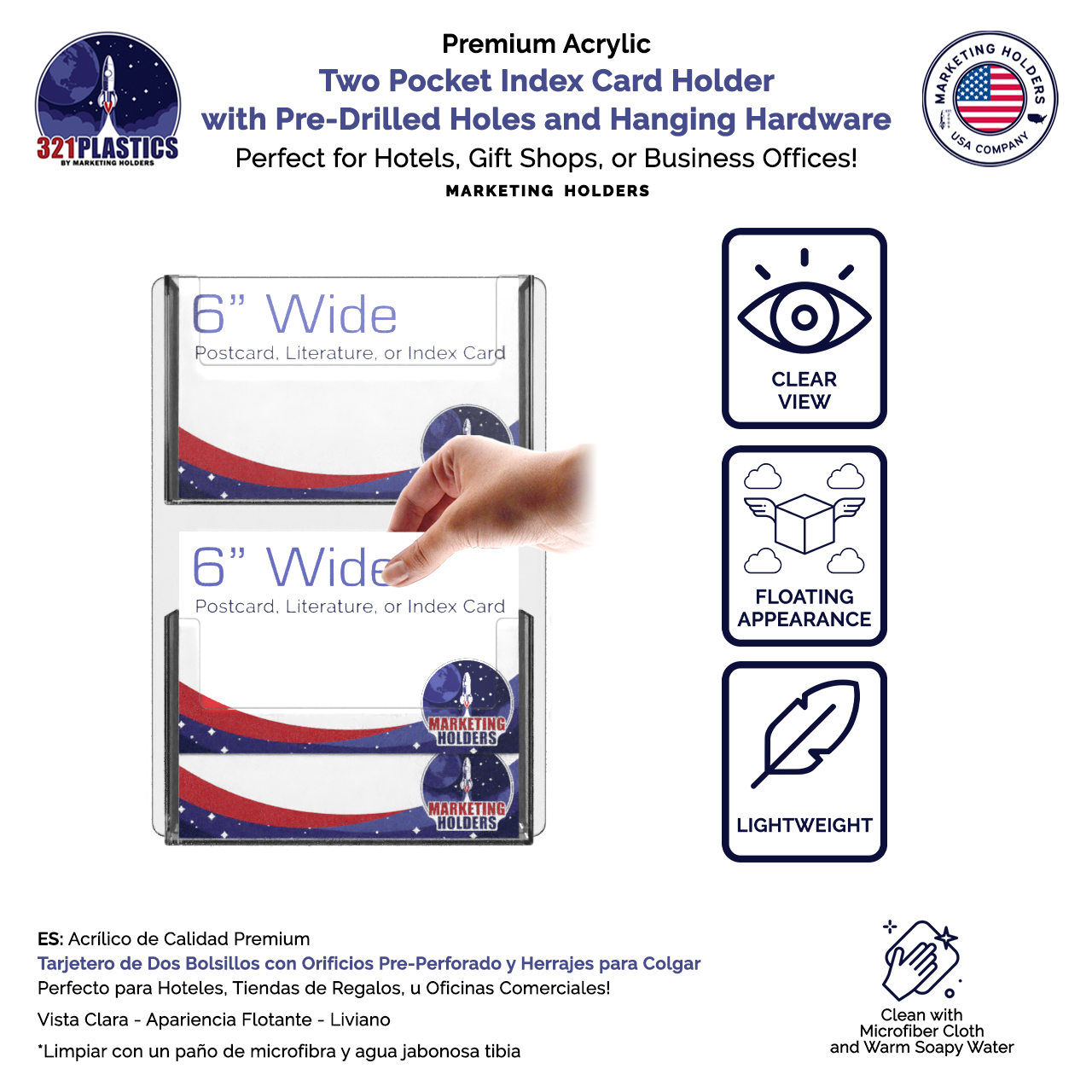 Wall 2 Pocket Postcard Holder for 6"W Advertising Literature