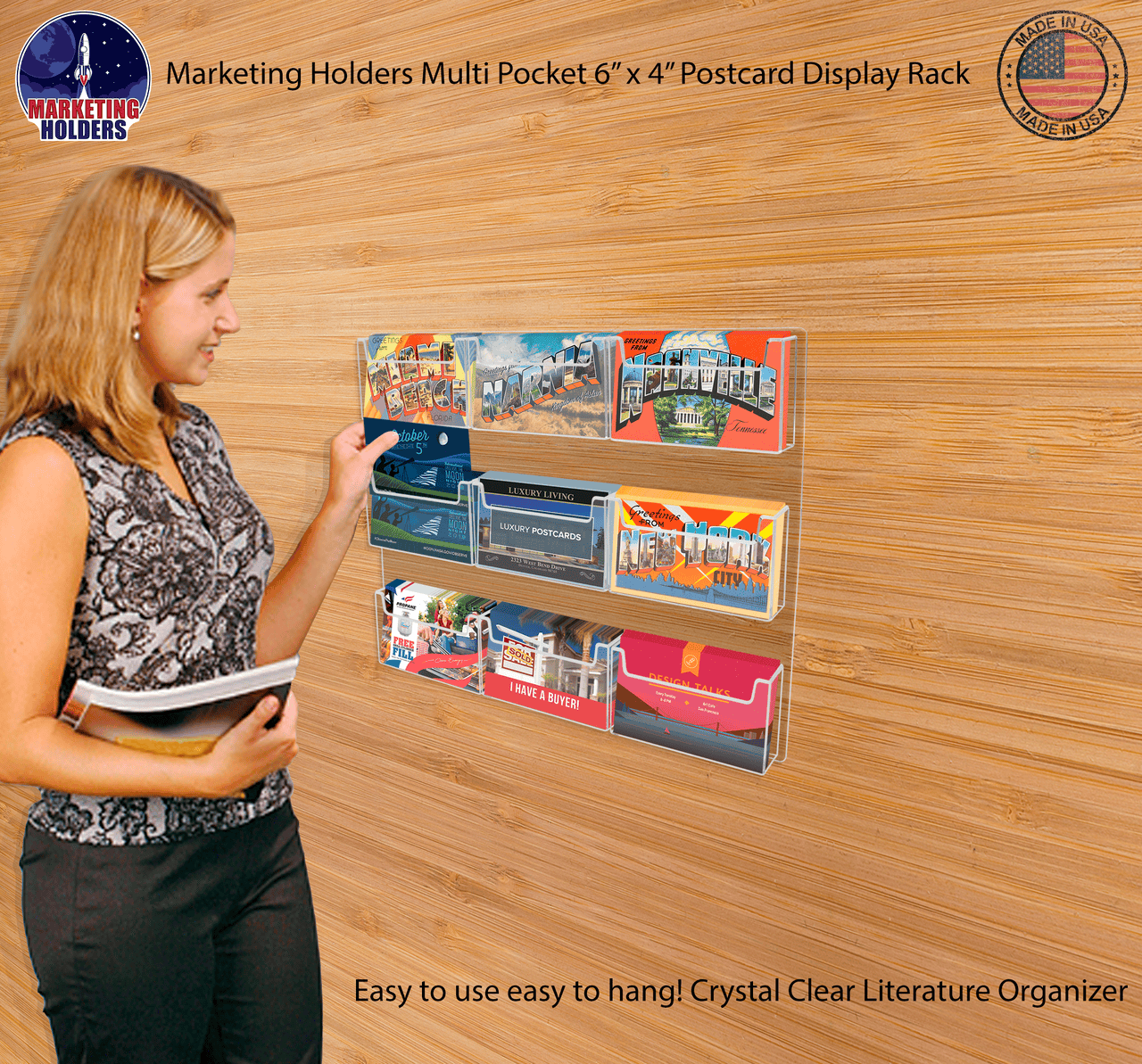 Six inch wide Post Card Display System Nine Pocket Wall Mount with literature on a wooden wall with a model and text