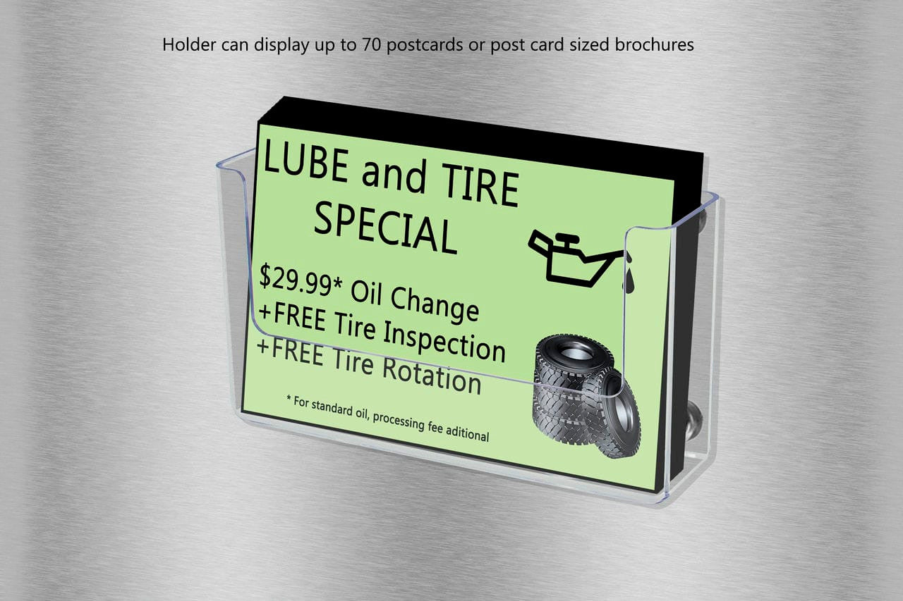 Post Card Display Magnetic Holder Indoor or Outdoor with a booklet installed on a metal surface