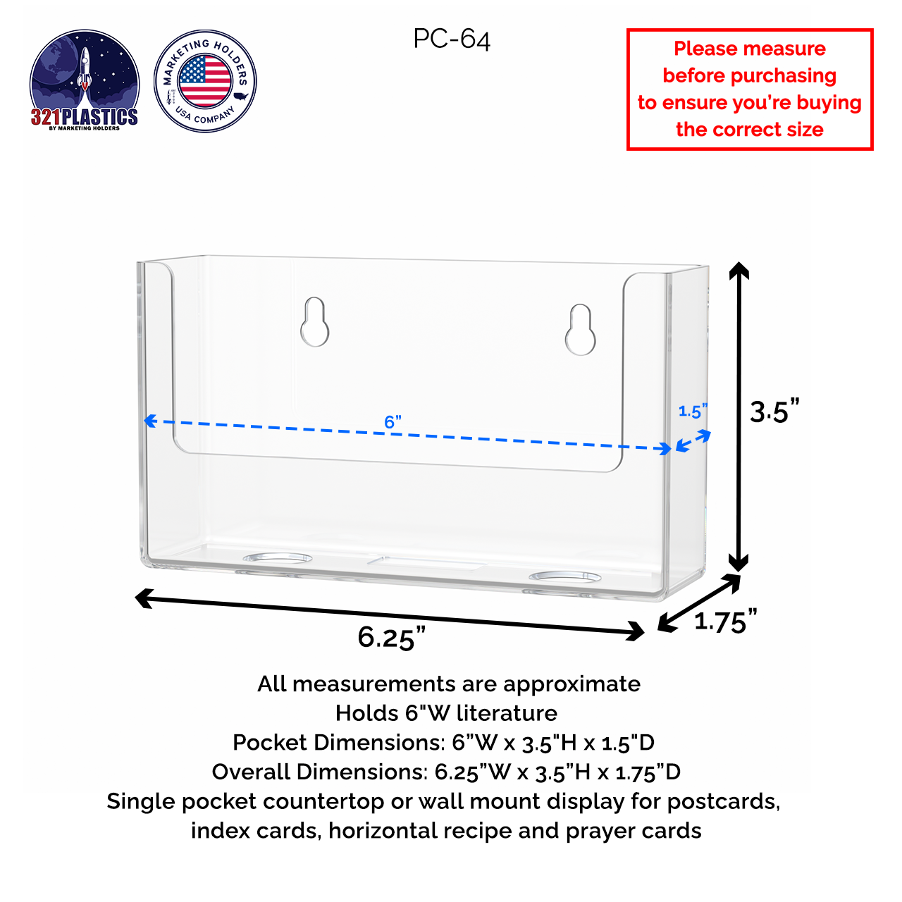 6"W Postcard Literature Holder Wall or Countertop Display