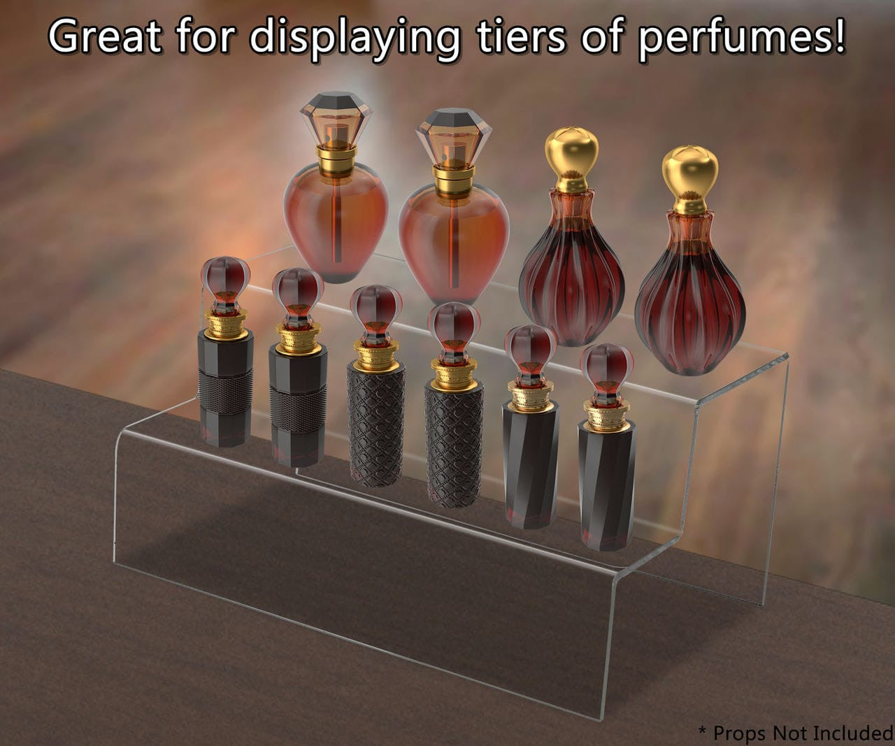 Nine and half inch wide Tier Counter Top Riser Platform Display Retail Showcase with perfume bottles and verbiage