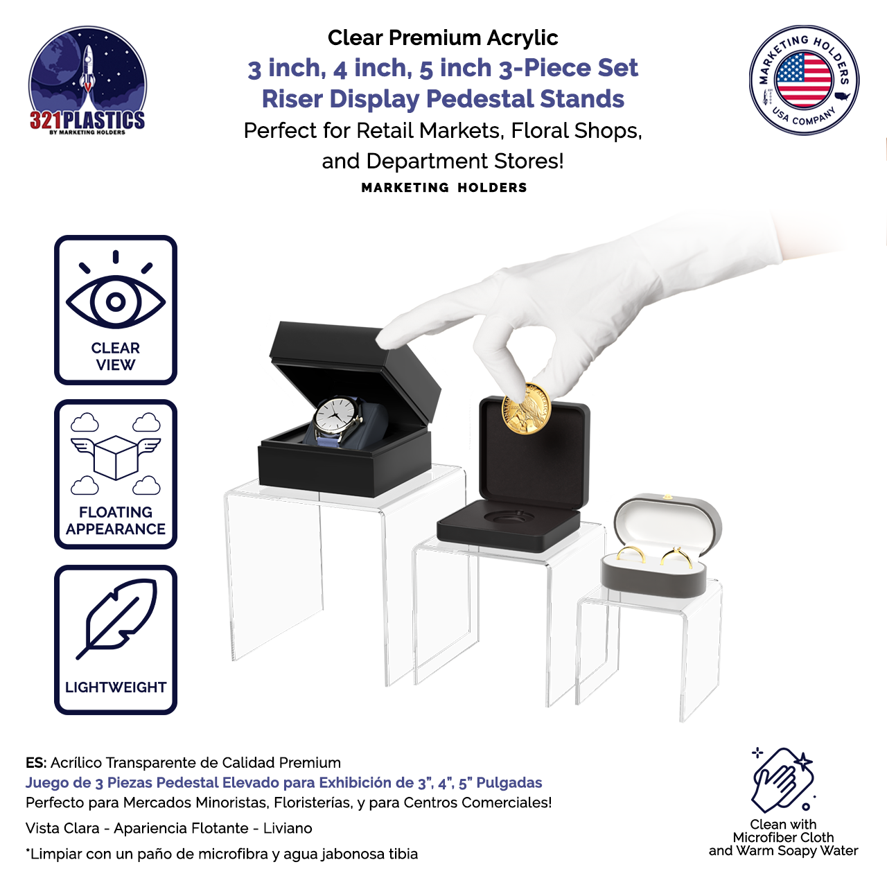 3 Piece Acrylic Risers Display 3" 4" 5" Clear Pedestal Stands