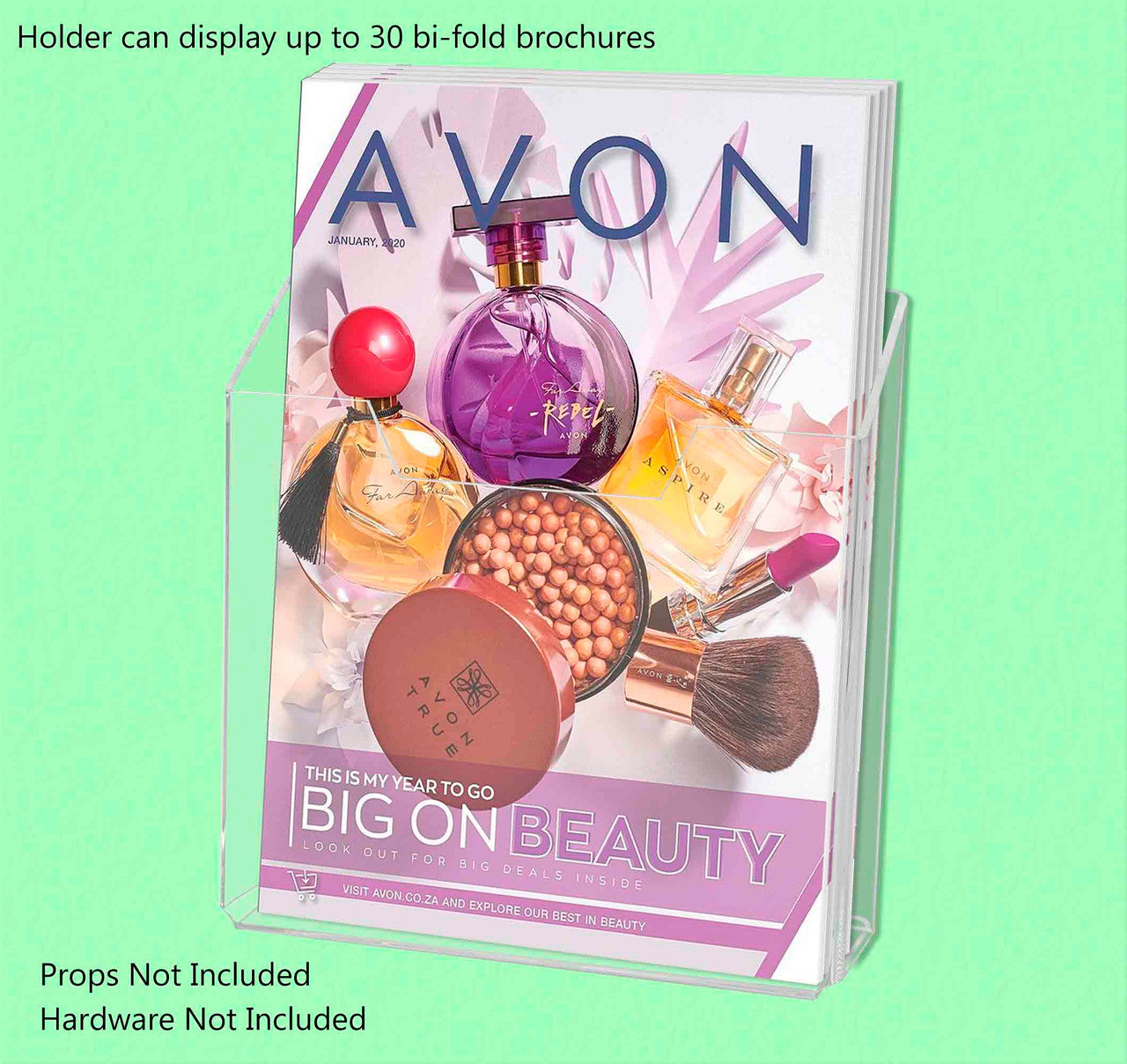 Holder can display up to thirty bifold brochures