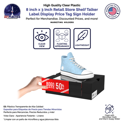8"W x 3"H Shelf Sign Holder for Retail and Shoe Stores