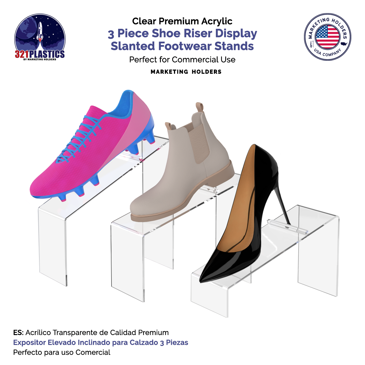 Slanted Shoe Risers 3 Piece Retail Display Stands with Heel Stop