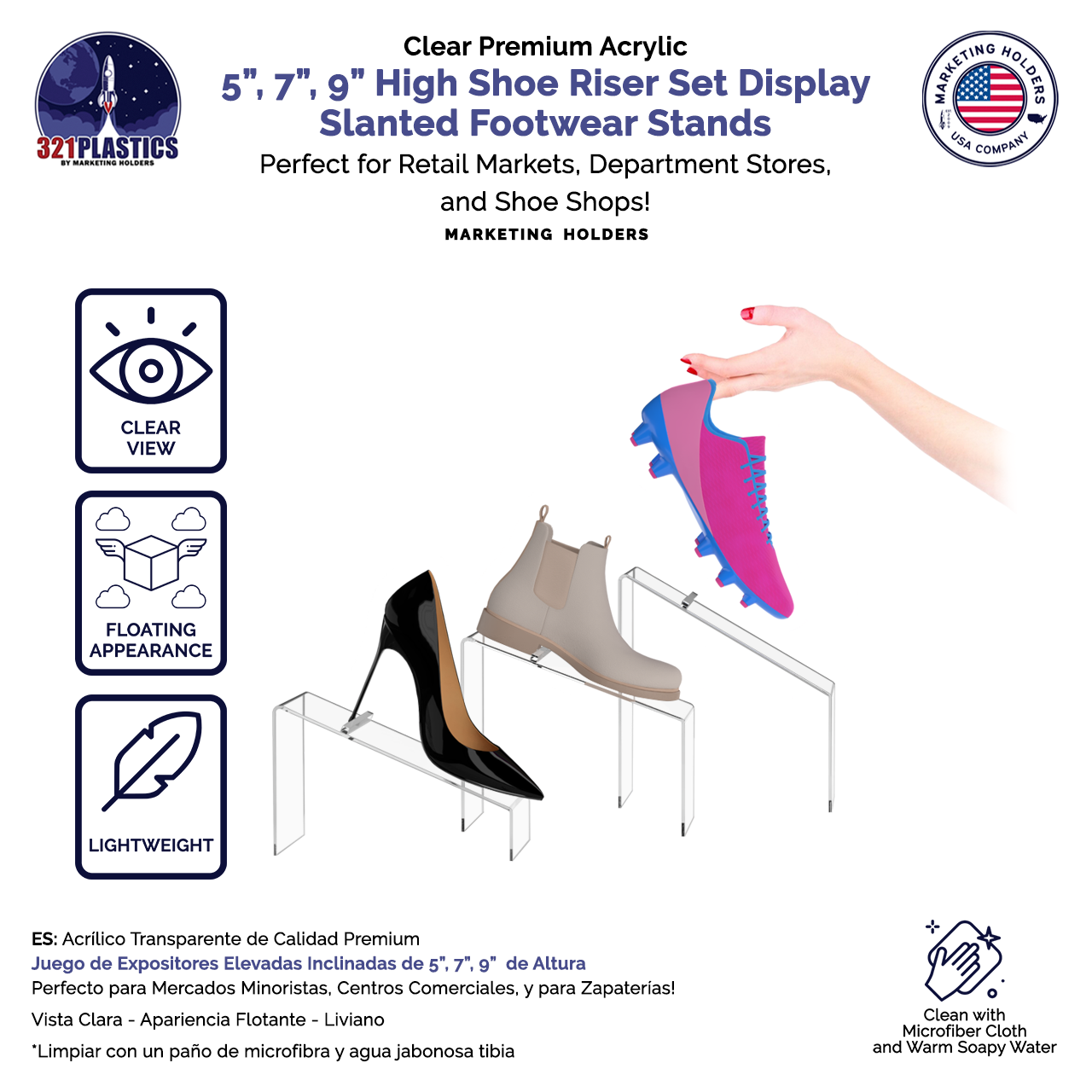 Slanted Shoe Risers 3 Piece Retail Display Stands with Heel Stop