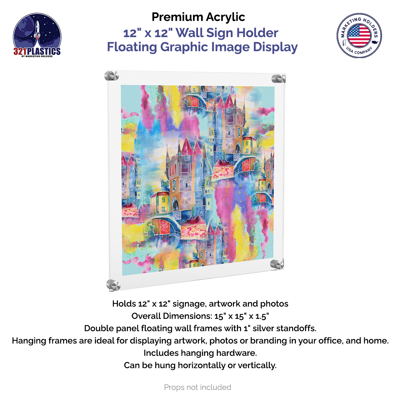 12" x 12" Wall Sign Holder Floating Graphic Image Display