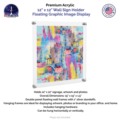 12" x 12" Wall Sign Holder Floating Graphic Image Display
