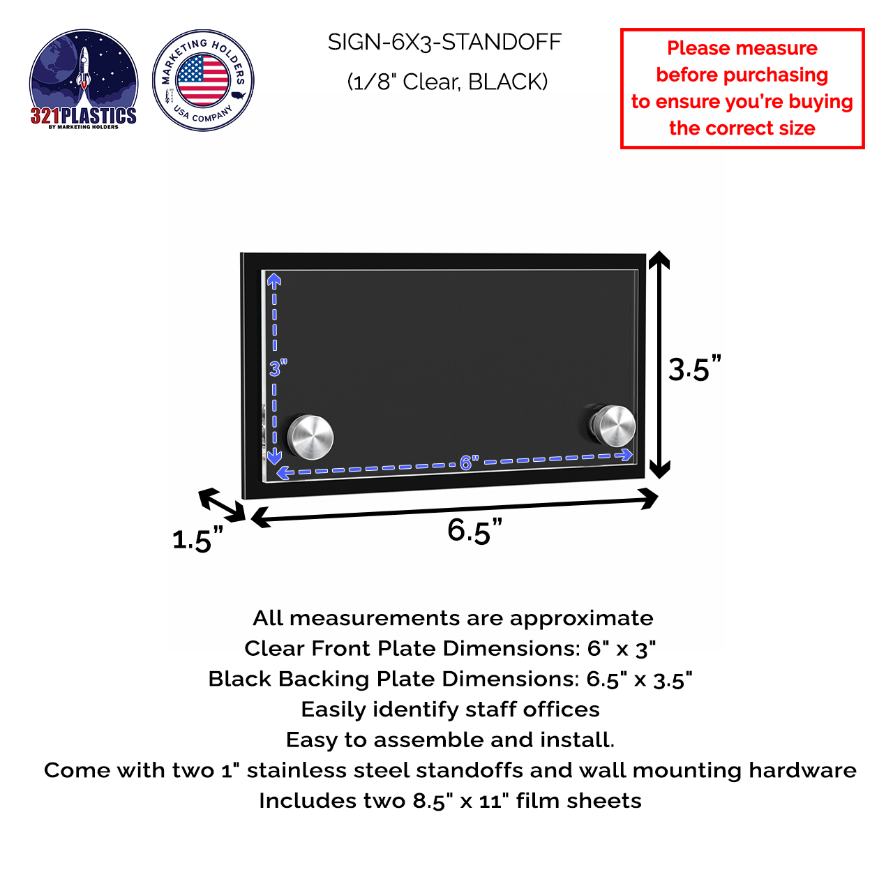 6.5" x 3.5" Wall Sign Holder Black Back with Stainless Standoffs