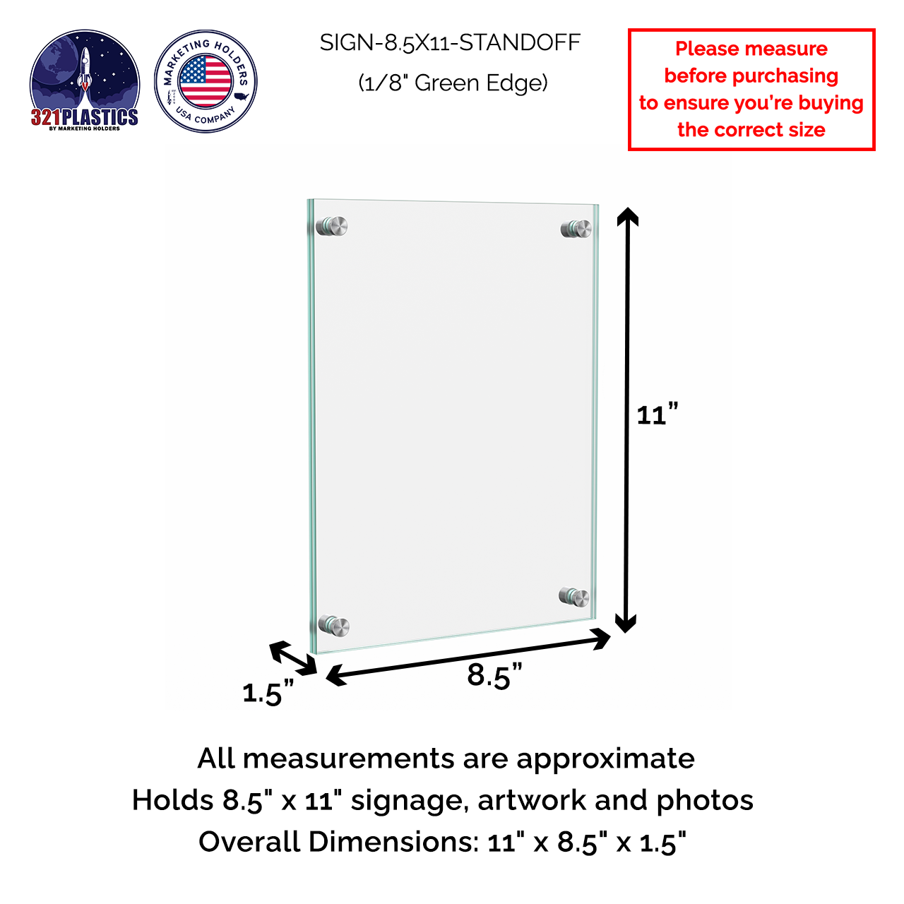 8.5" X 11" Wall Sign Holder Euro Style With Stainless Standoffs