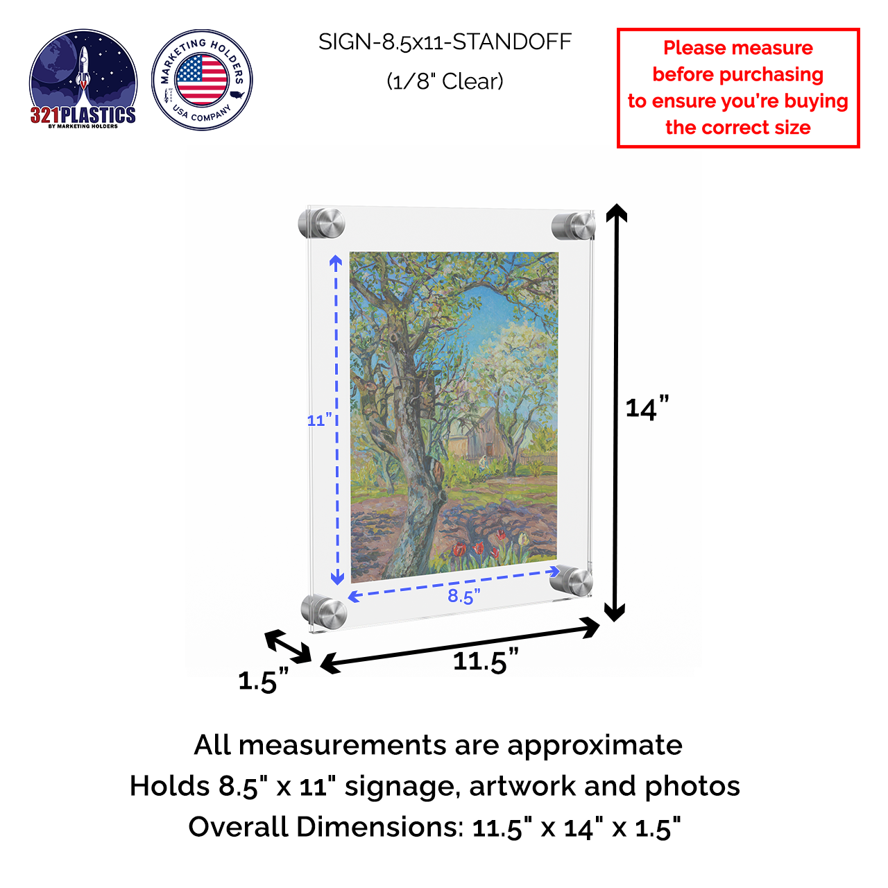 8.5" x 11" Wall Sign Holder Floating Graphic Image Display