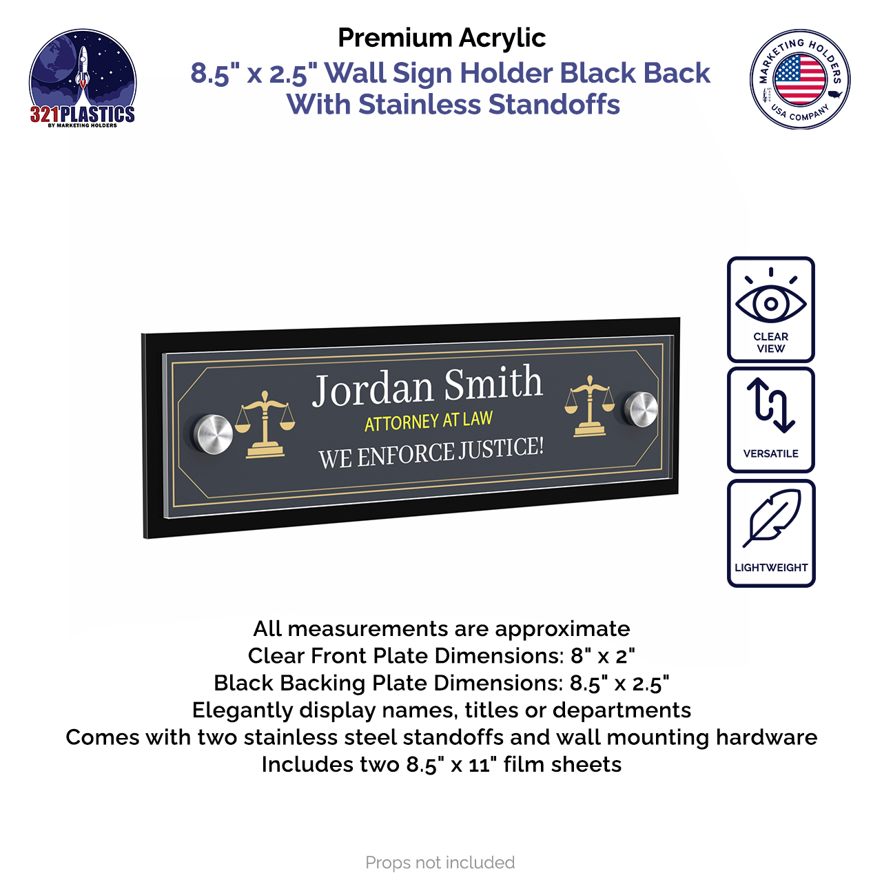 8.5" x 2.5" Wall Sign Holder Black Back with Stainless Standoffs