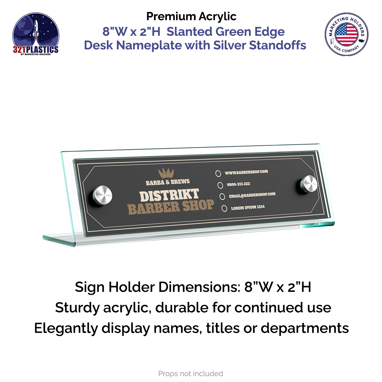 8"W x 2"H Sign Frame Desk Nameplate Slanted with Silver Standoffs