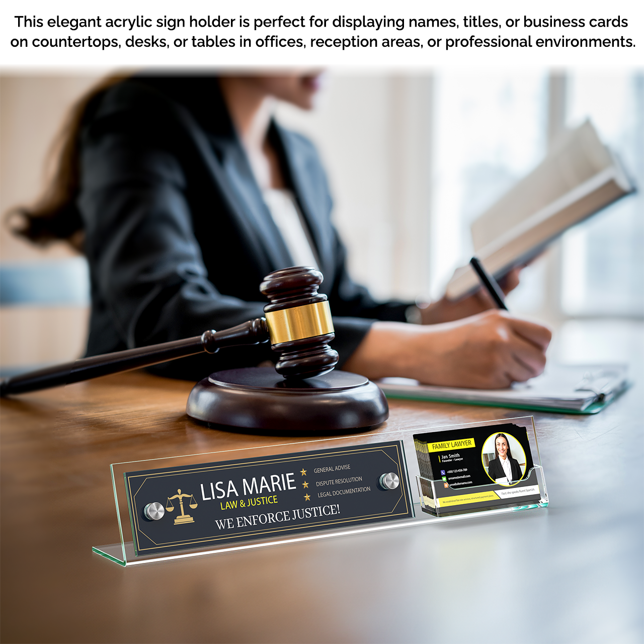 8"W x 2"H Modern Desk Nameplate Slanted Sign with Card Pocket