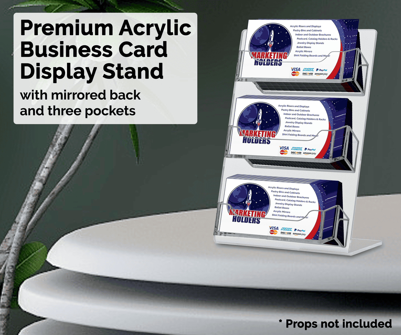 3 Pocket Slant Back Mirrored Business Card Holder Display