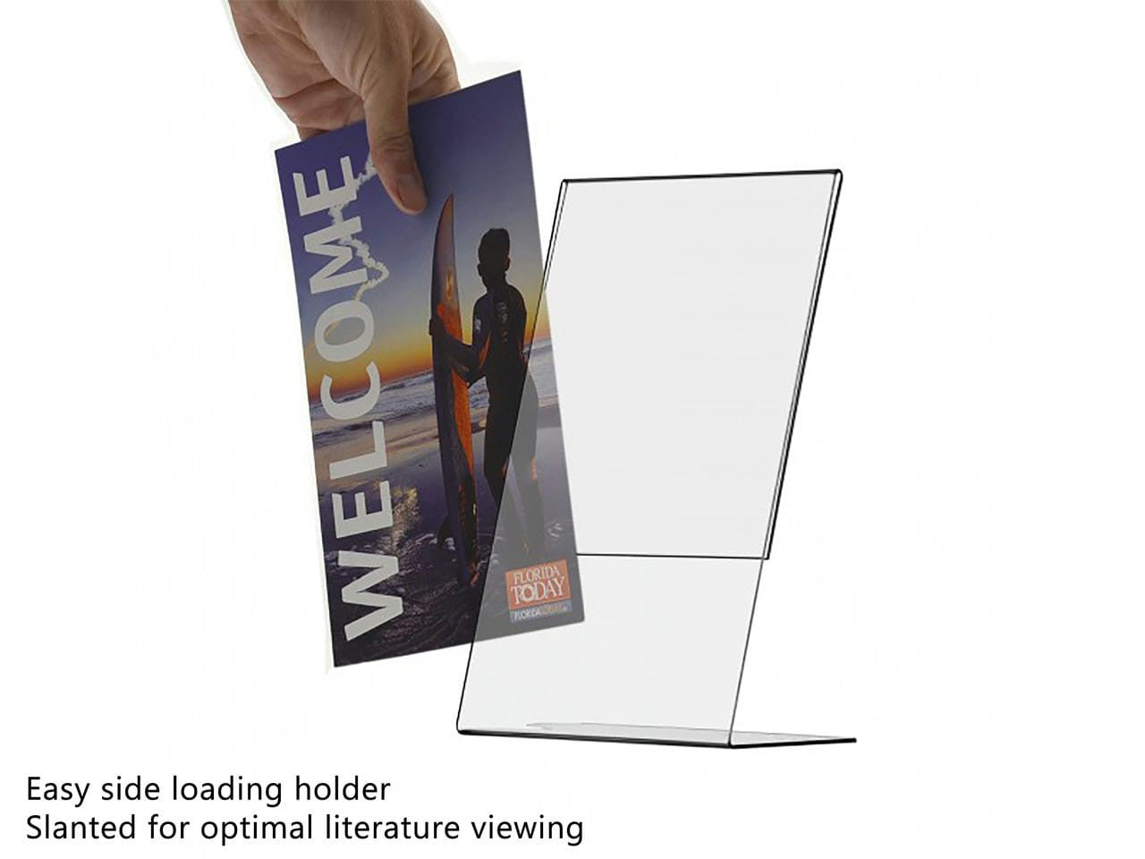 Five and a half Inch wide Sign Holder Photo Frame Tabletop Slant Back Side Load Clear Acrylic action