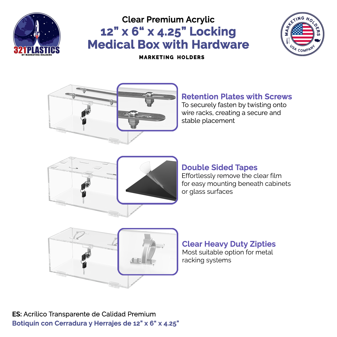12"W x 4.25"H Locking Medical Box Clear Acrylic